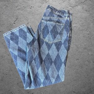 Rue21 Womens Size 2 Argyle Jeans Blue Straight Leg Y2K Preppy Grunge Denim